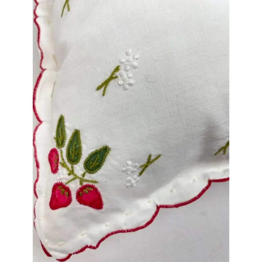 Vintage Embroidered Strawberry Linen Pillow Scalloped Edge Cottagecore 15x9